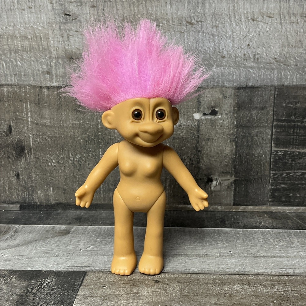 Rare Vintage 1990 Russ Tall Female Troll Doll With Breasts And Hit Pink Hair